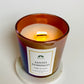 Santo Domingo Scented Candle; Saint Sunday; Dominican Republic Candles; DR Candles; Quisqueya Candles; Velas aromaticas; Coconut Soy Wax Candles; Iridescent Brown Vessel with White label and green logo; Burning wood wick