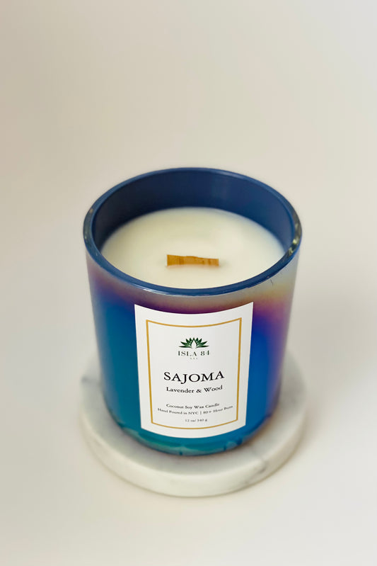 Sajoma Signature Scented Candle; Dominican Republic Candles; Latino Candles; DR Candles; Lavender, Sage; Oud; Iridescent blue vessel; Coconut Soy Wax Candle with Wood Wick