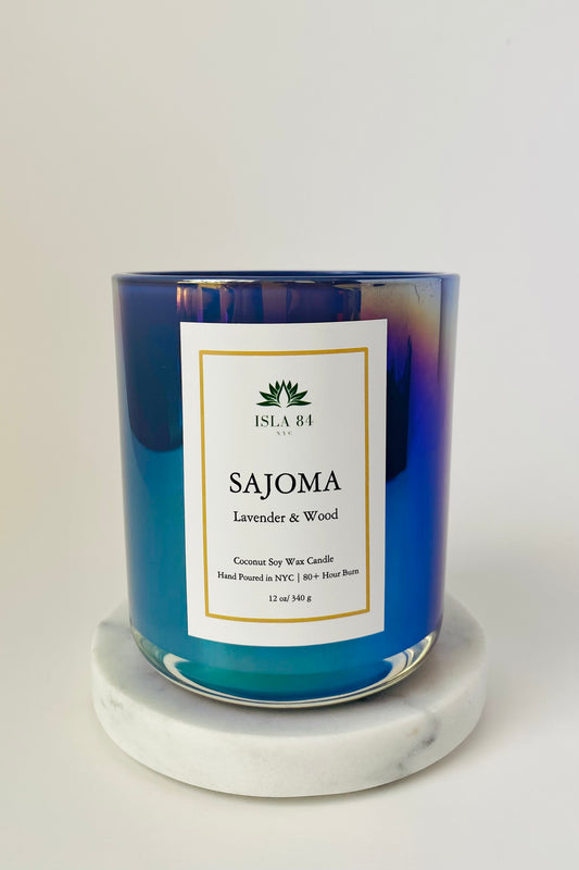 Sajoma Signature Scented Candle; Dominican Republic Candles; Latino Candles; DR Candles; Lavender, Sage; Oud; Iridescent blue vessel; Coconut Soy Wax Candle with Wood Wick