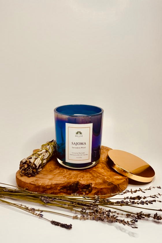 Sajoma Signature Scented Candle; Dominican Republic Candles; Latino Candles; DR Candles; Lavender, Sage; Oud; Iridescent blue vessel; Coconut Soy Wax Candle with Wood Wick; Shiny Gold Lid