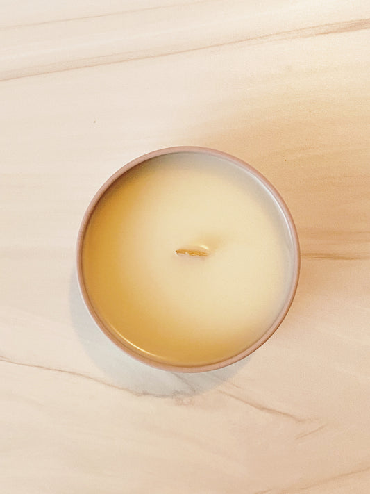 La Romana Signature Travel Tin Scented Candle; Mauve tin with white label and green logo; Coconut Soy Wax and Wood Wick; Dominican Candles; Dominican Republic; Caribbean; Tropical; Hispanic candles; Latino candles; Travel; Tourism; Best Dominican Candles; Dominican Candle Company; Coconut Soy Wax Candle with Wood Wick; All natural, biodegradable, gluten-free; non-toxic