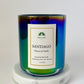 Santiago de los Caballeros Signature Scented Candle; Tobacco & Vanilla; Iridescent Black, green vessel; White label with green logo; Dominican Republic Candels; DR Candles; Coconut Soy Wax Candle with Wood Wick