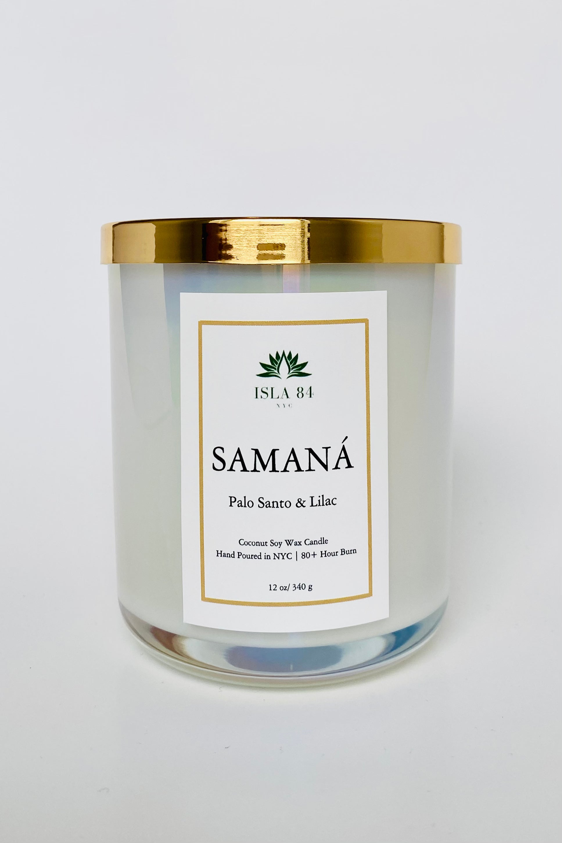 Samana Signature Scented Candle; Palo Santo & Lilac Candle; Coconut Soy Wax Candle with Wood Wick; Latino Candles; Dominican Candles; DR Candles; Shiny Gold Lid