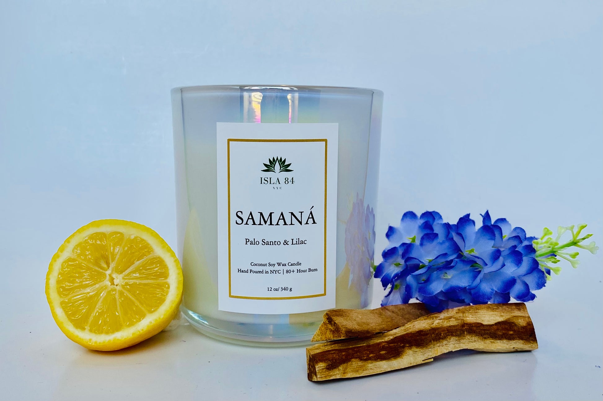 Samana Signature Scented Candle; Palo Santo & Lilac Candle; Coconut Soy Wax Candle with Wood Wick; Latino Candles; Dominican Candles; DR Candles. Lemon, flowers, palo santo smudge sticks