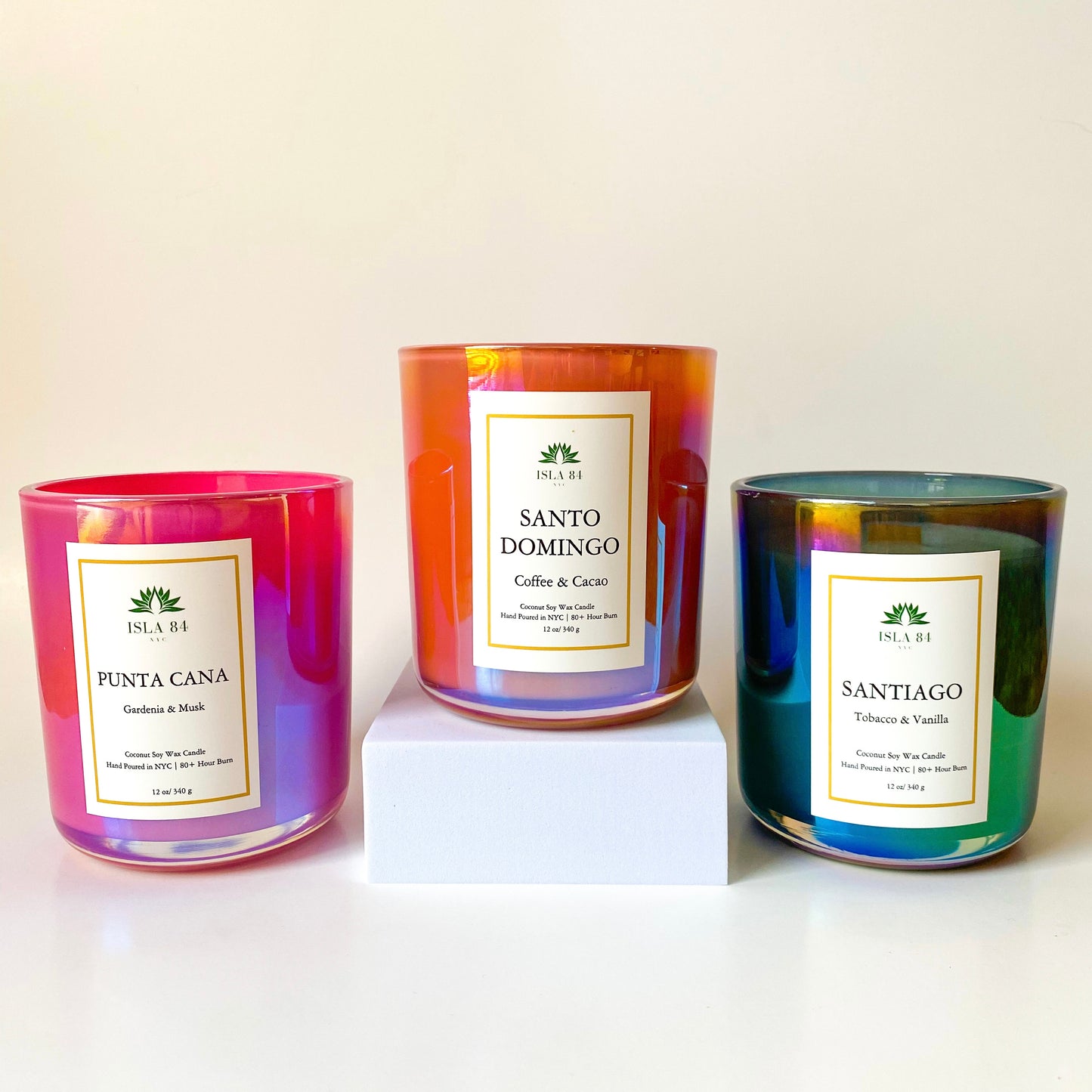 Punta Cana, Santo Domingo and Santiago Signature Scented Candles; White labels with green logo; iridescent vessels/containers; Hot Pink, Brown, and Black/green candle vessels. Coconut Soy Wax with Wood Wick